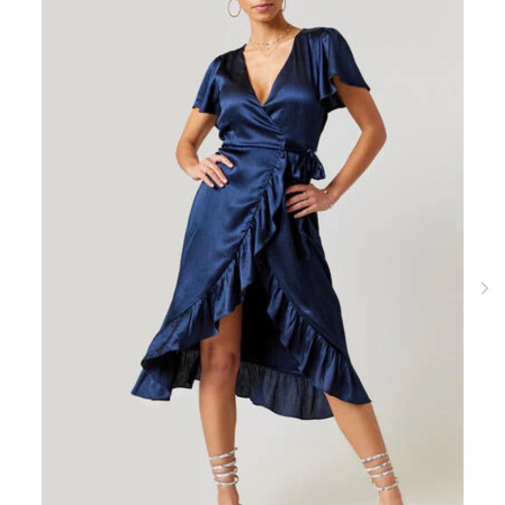Satin Wrap Midi Dress in Navy
